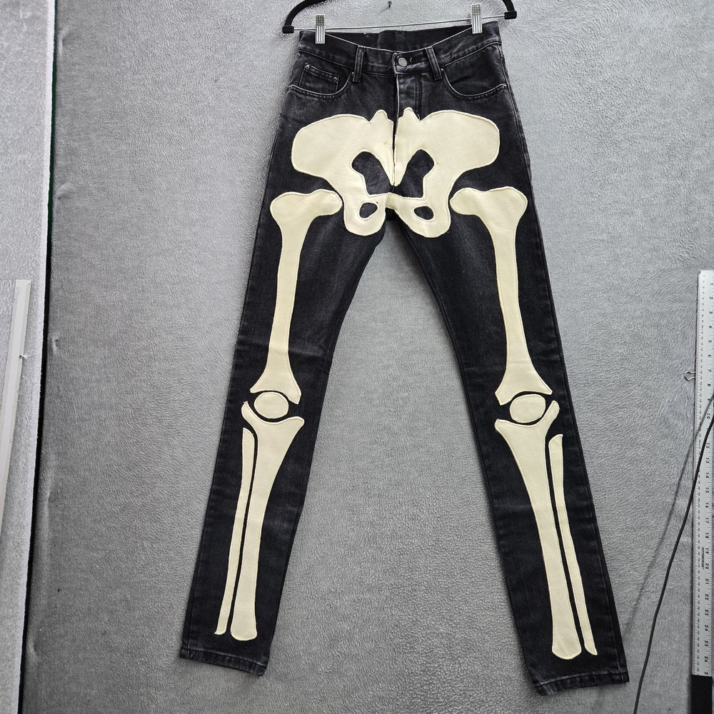 MNML Men Jeans 28 Black Denim Skinny Skeleton Patchwork Emo Goth Grunge Y2K READ